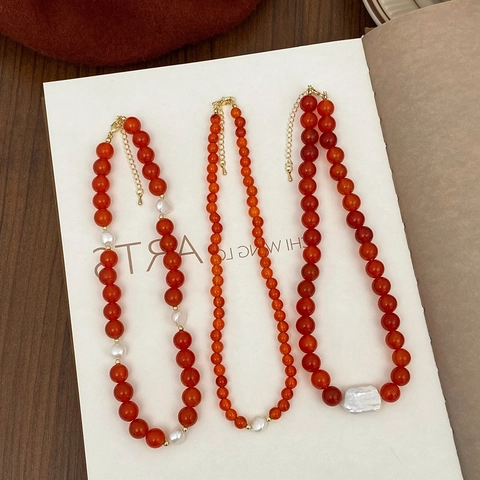 Collana Di Perle Di Agata Rossa E Acqua Dolce Fatta A Mano Retro Elegante Catena Clavicola Per Donna Chiusura Lega Dorata