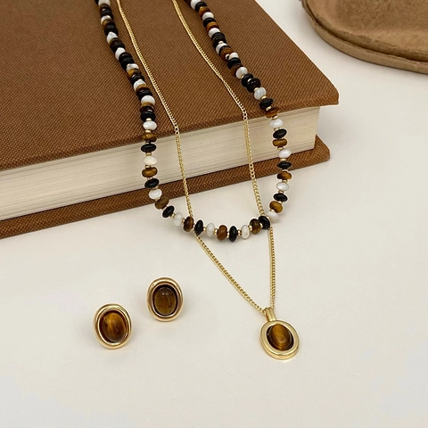 Gioielli In Pietra Occhio Di Tigre Vintage Da Donna Rame Placcato Oro Collana Di Perle A Strati Ciondolo E Orecchini A Lobo Ovali