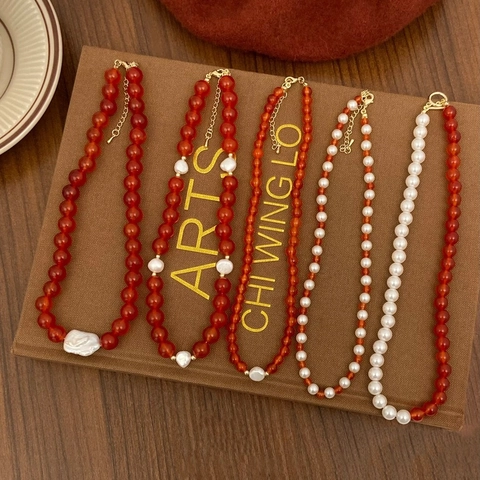 Collana Di Perle Di Agata Rossa E Acqua Dolce Fatta A Mano Retro Elegante Catena Clavicola Per Donna Chiusura Lega Dorata