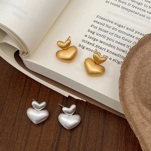 Double Layer Heart Stud Earrings Brushed Metal Matte Texture Minimalist Vintage Elegant Jewelry Accessory For Women