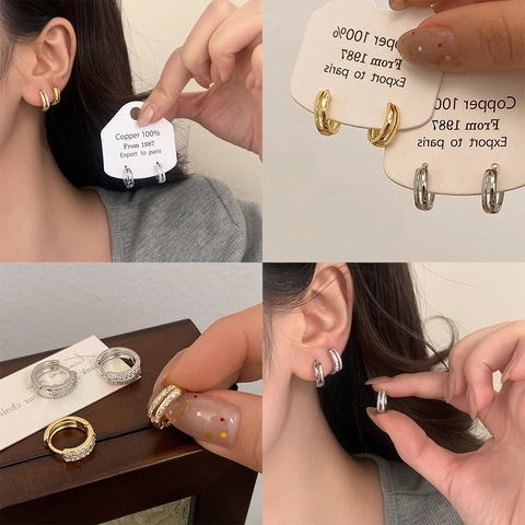 Minimalist Geometric Hoop Earrings Copper Micro Pave Zircon With 925 Sterling Silver Earring Post Elegant Double Layer Jewelry