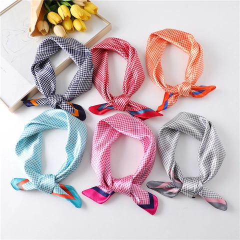 Houndstooth Pattern Satin Polyester Square Scarf Fashion Retro Neckerchief French Style Women Lightweight Smooth Headband