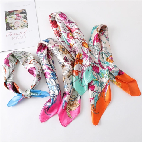 Floral Butterfly Print Square Scarf Satiny Satin Neckerchief Elegant Fashion Headscarf Bag Handle Wrap For Women