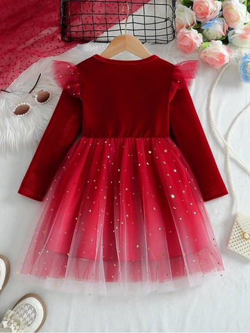 Girls Red Velvet Mesh Princess Dress Gold Star Moon Long Sleeve Party Christmas Gown Autumn Spring Kids Holiday Clothing