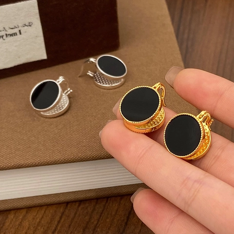 Französische Retro Runde Ohrringe Gold Vergoldet Kupfer Schwarz Emaille Perlenrand Minimalismus Elegant Damen