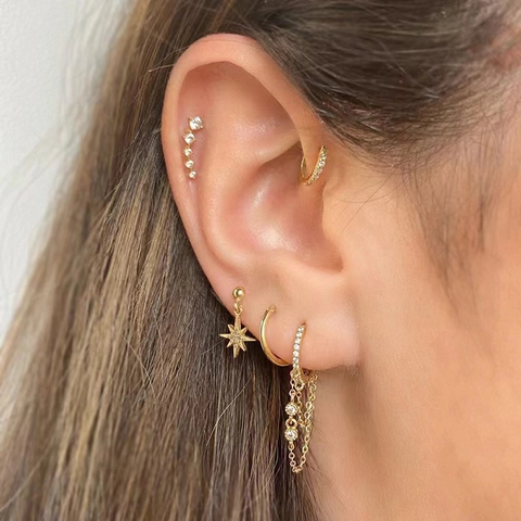 Bohemian Gold Plated Brass Rhinestone Star Flower Earring Set Sparkling Crystal Octagram Moon Dangle Hoop Stud Earrings Jewelry Set For Women