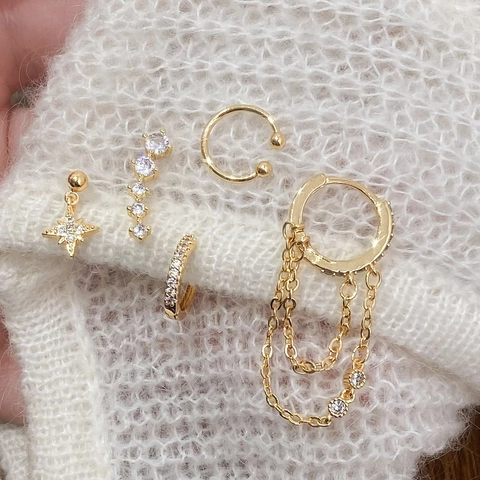 Star Moon Earrings Studs Ear Cuffs Copper Cubic Zirconia Dainty Gold Plated Minimalist Exquisite Jewelry For Women