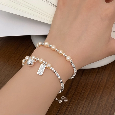 Pulsera De Perlas De Agua Dulce Elegante Minimalista Metal Color Plata Dije De Corazón Cadena De Extensión Joyería Mujer