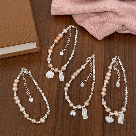 Pulsera De Perlas De Agua Dulce Elegante Minimalista Metal Color Plata Dije De Corazón Cadena De Extensión Joyería Mujer