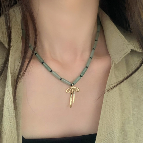 Collier En Perles De Pierre Naturelle Joint De Bambou Avec Pendentif Nœud Doré Bijoux Style Chinois Vintage Femmes Ajustable
