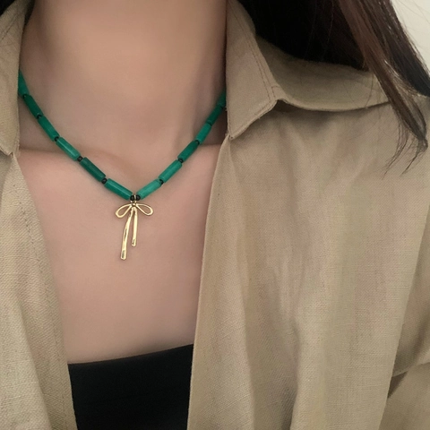 Collier En Perles De Pierre Naturelle Joint De Bambou Avec Pendentif Nœud Doré Bijoux Style Chinois Vintage Femmes Ajustable