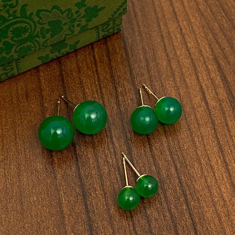 Green Chalcedony Round Ball Stud Earrings With 925 Sterling Silver Earring Post Minimalist Jewelry For Women