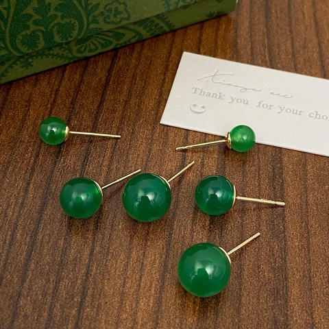 Green Chalcedony Round Ball Stud Earrings With 925 Sterling Silver Earring Post Minimalist Jewelry For Women