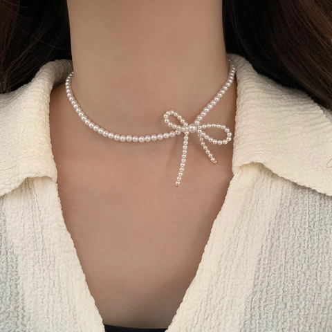 Bowknot Faux Artificial Pearl Necklace With Tassel Elegant Alloy Choker Jewelry For Women Simple Luxury Clavicle Chain