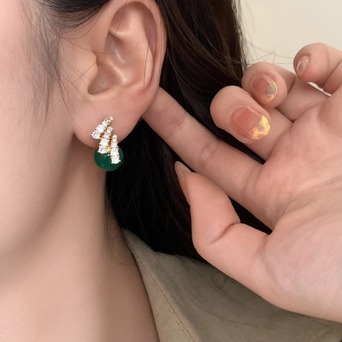 Vintage Green Chalcedony Drop Earrings Micro Pave Zircon Brass Earring Post Luxury Jewelry For Women