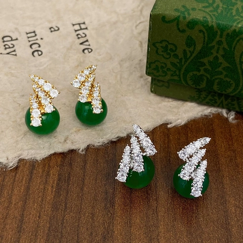 Vintage Green Chalcedony Drop Earrings Micro Pave Zircon Brass Earring Post Luxury Jewelry For Women