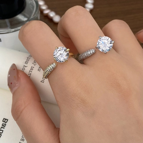 Elegante Ronde Zirkonia Ring Voor Dames Franse Stijl Verstelbare Open Ring Micro Pave Bruiloft Aanzoek Sieraden