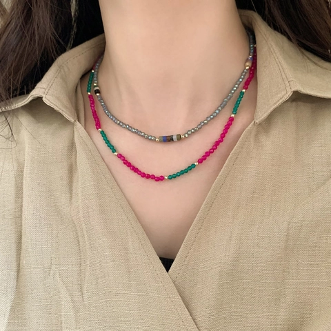 Handmade Natural Stone Beaded Necklace 14K Gold Plated Colorful Dopamine Style Minimalist Layered Clavicle Chain For Women