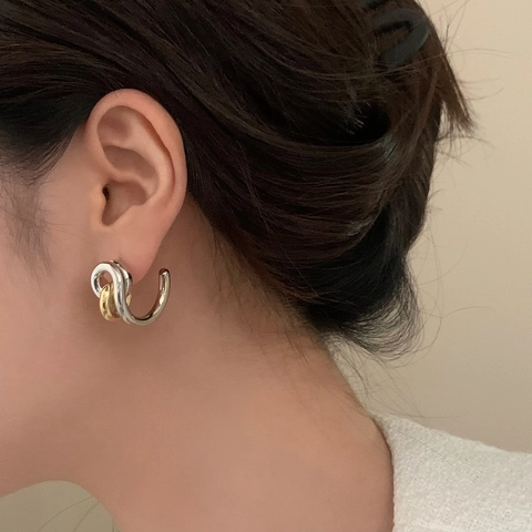 Bicolor Interlocking Hoop Earrings Copper Gold Plated With 925 Sterling Silver Earring Post French Retro Geometric For Women
