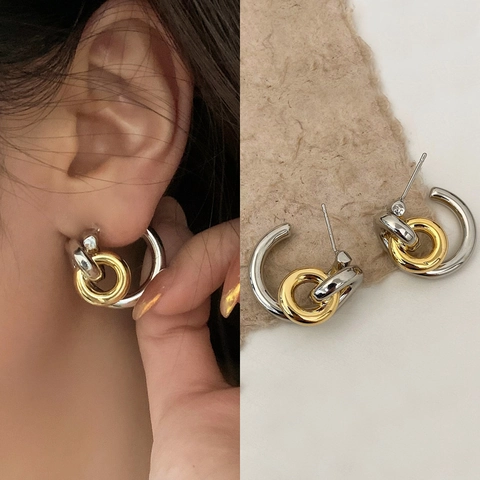 Bicolor Interlocking Hoop Earrings Copper Gold Plated With 925 Sterling Silver Earring Post French Retro Geometric For Women