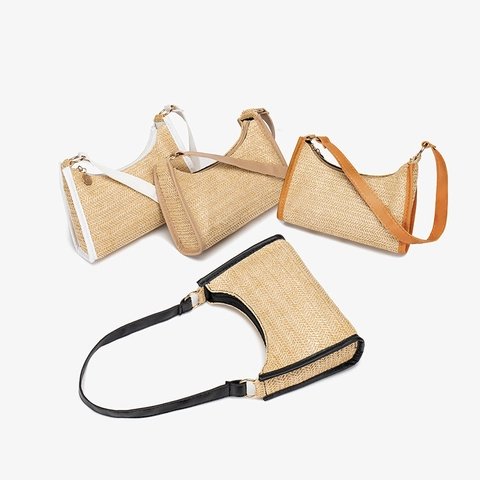 Damen Stroh Gewebte Schulter Achsel Tasche PU Leder Besatz Reißverschluss Sommer Strand Urlaub Boho Stil Hobo Handtasche