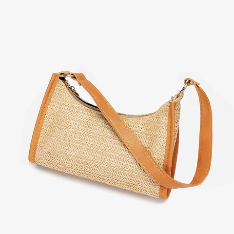 Damen Stroh Gewebte Schulter Achsel Tasche PU Leder Besatz Reißverschluss Sommer Strand Urlaub Boho Stil Hobo Handtasche