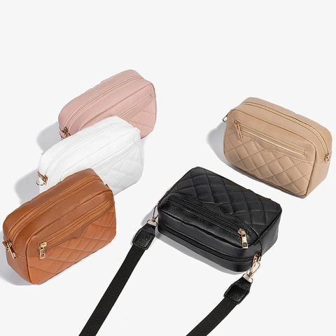 Women Quilted Rhombic PU Leather Crossbody Bag Small Square Camera Bag Fashion Shoulder Bag With Adjustable Wide Strap