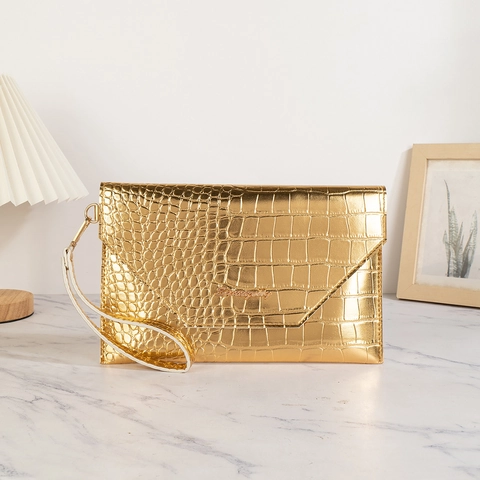 Gold Metallic Clutch Bag Crocodile Embossed PU Leather Envelope Wristlet Handbag For Women Evening Party Chic