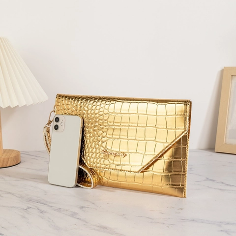 Gold Metallic Clutch Bag Crocodile Embossed PU Leather Envelope Wristlet Handbag For Women Evening Party Chic