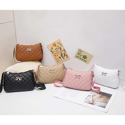Sac sous les Bras Matelassé Femme avec Nœud en Cuir PU Motif en Losange Sac Bandoulière Style Doux Mode Petit Sac à Main