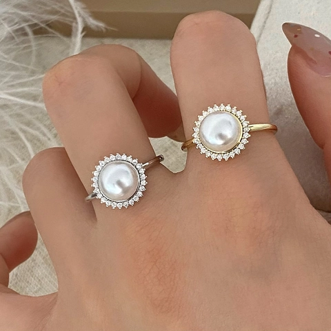 Niche Design Pearl Open Ring Micro Inlaid Zircon Sunflower Stud Earrings With 925 Sterling Silver Post Jewelry Set For Women