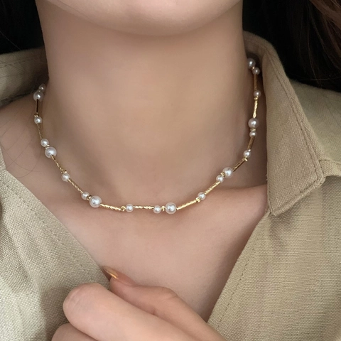 Artificial Pearl Necklace With Metal Tube Stitching French Vintage Minimalist Clavicle Choker Jewelry For Women Elegant