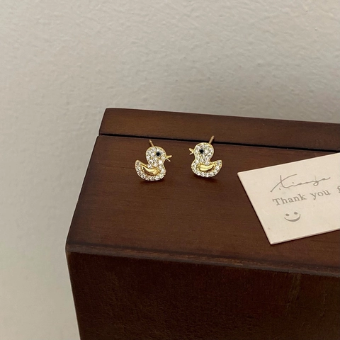 Gioielli Collana Orecchini Anatra Zirconia Rame Placcato Oro 14K Forma Animale Carino Minimalista Delicato Per Donne
