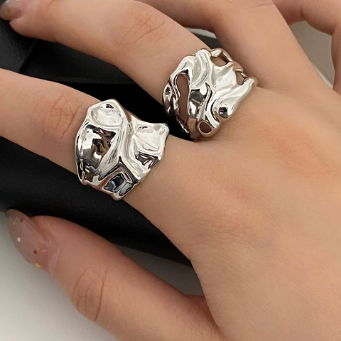 Irregular Lava Texture Open Ring Wide Band Metal Folded Adjustable Minimalist Fashion Jewelry For Women