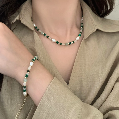 Bohemian Naturstein Süßwasserperlen Halskette Damen Vintage Malachit Achat Tigerauge Schlüsselbeinkette Schmuck Geschenk