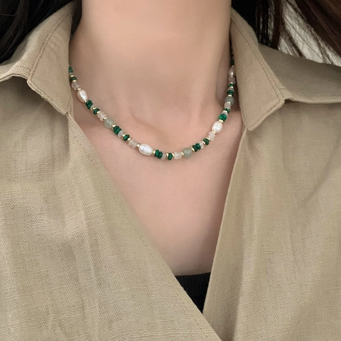 Bohemian Naturstein Süßwasserperlen Halskette Damen Vintage Malachit Achat Tigerauge Schlüsselbeinkette Schmuck Geschenk