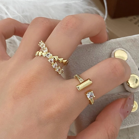 Luxus Zirkon Mikro Pave Offene Verstellbare Ringe Herzförmig T Bar Design Eleganter Schmuck Für Damen