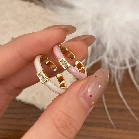 Vergoldet Kupfer Emaille Offener Ring Für Damen Verstellbar Tropföl Ring Rechteckiger Zirkonia Eleganter Schmuck Geschenk