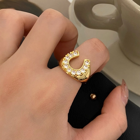 Horseshoe Offener Ring Kupfer Mit Mikrovergoldetem Zirkon 18K Vergoldet Geometrischer Schmuck Damen Einfacher Luxus