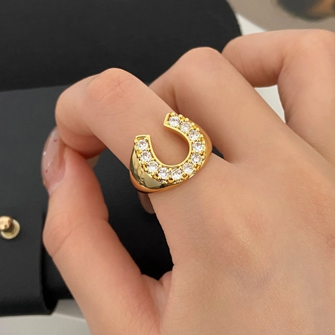 Horseshoe Offener Ring Kupfer Mit Mikrovergoldetem Zirkon 18K Vergoldet Geometrischer Schmuck Damen Einfacher Luxus