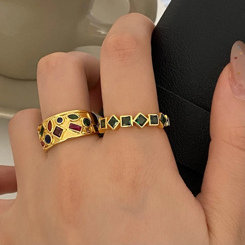 Geometric Square Zircon Adjustable Open Ring Copper 18K Gold Plated Colorful Gemstone Vintage Luxury Jewelry Women