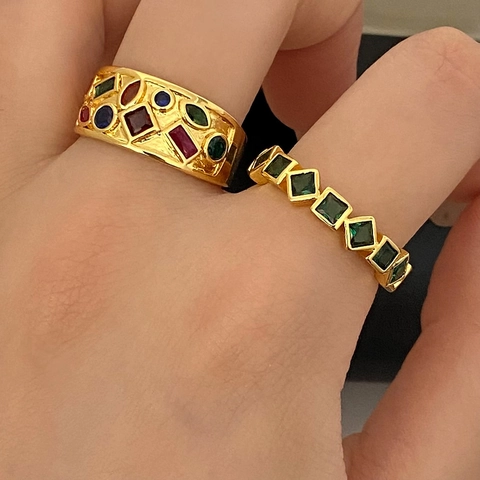 Geometric Square Zircon Adjustable Open Ring Copper 18K Gold Plated Colorful Gemstone Vintage Luxury Jewelry Women