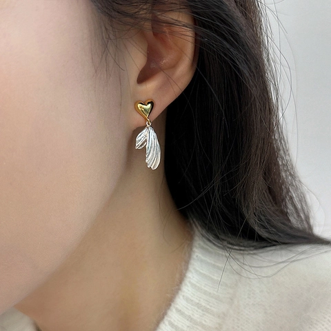 Heart Wing Asymmetric Dangle Earrings With 925 Sterling Silver Earring Post French Style Ribbed Metal Design Women