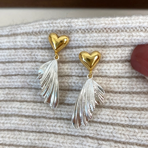 Heart Wing Asymmetric Dangle Earrings With 925 Sterling Silver Earring Post French Style Ribbed Metal Design Women