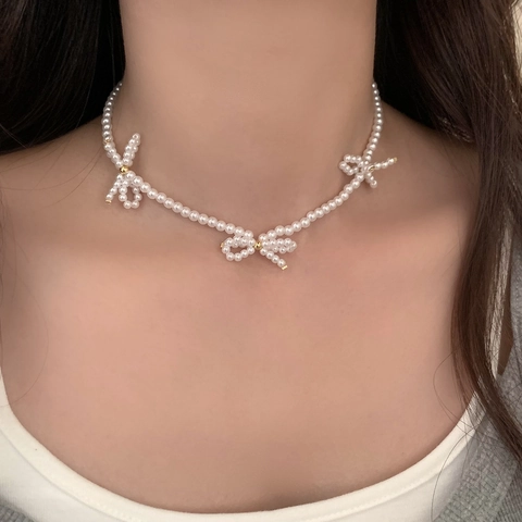 Bowknot Artificial Pearl Necklace Choker Three Bows Imitation Artificial Pearls Gold Plated Alloy Elegant Vintage Jewelry For Women