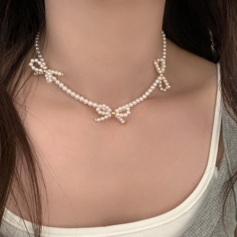 Bowknot Artificial Pearl Necklace Choker Three Bows Imitation Artificial Pearls Gold Plated Alloy Elegant Vintage Jewelry For Women