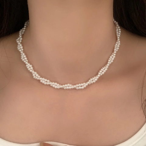 Collana Di Künstliche Perle A Strati Intrecciati Vintage Francese Minimalista Elegante Catena Per Clavicola Per Donna Chiusura Dorata