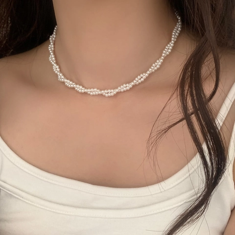 Collana Di Künstliche Perle A Strati Intrecciati Vintage Francese Minimalista Elegante Catena Per Clavicola Per Donna Chiusura Dorata