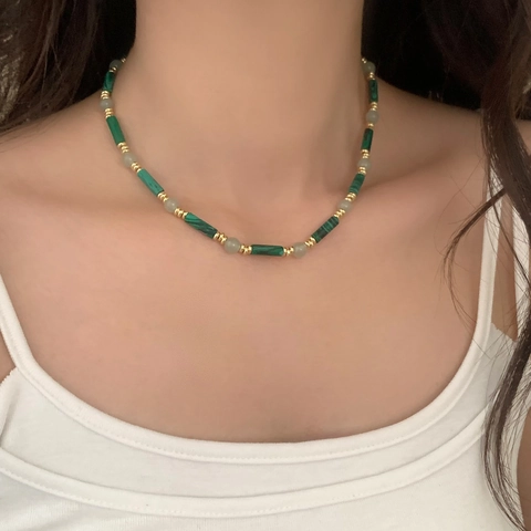 Vintage Natural Stone Beaded Necklace And Earrings Green Malachite Texture Jewelry For Women
