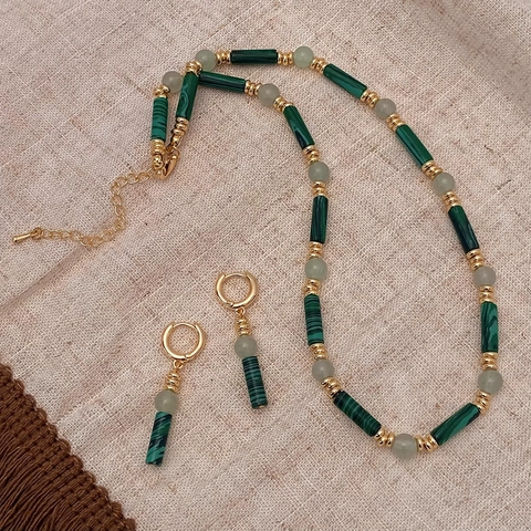 Vintage Natural Stone Beaded Necklace And Earrings Green Malachite Texture Jewelry For Women